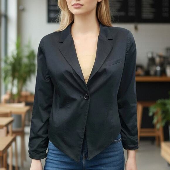 Michael Kors Blazer Jacket Women 4 Angled Hem Ruched Sleeves Lined Black Cotton - Picture 2 of 12